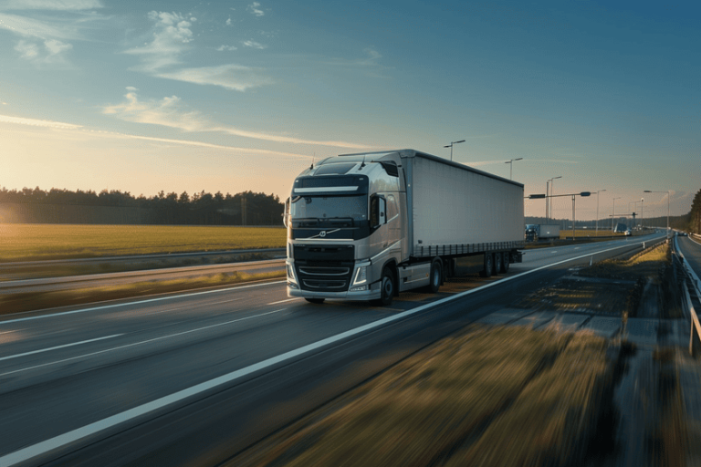 vrachtwagen met aanhanger rijdt over de snelweg