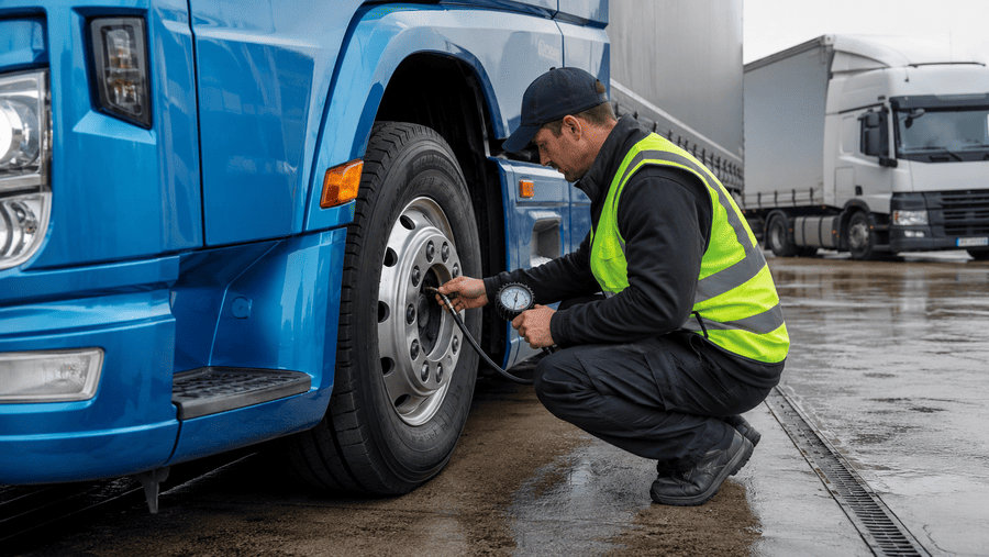 vrachtwagenchauffeur die banden checkt